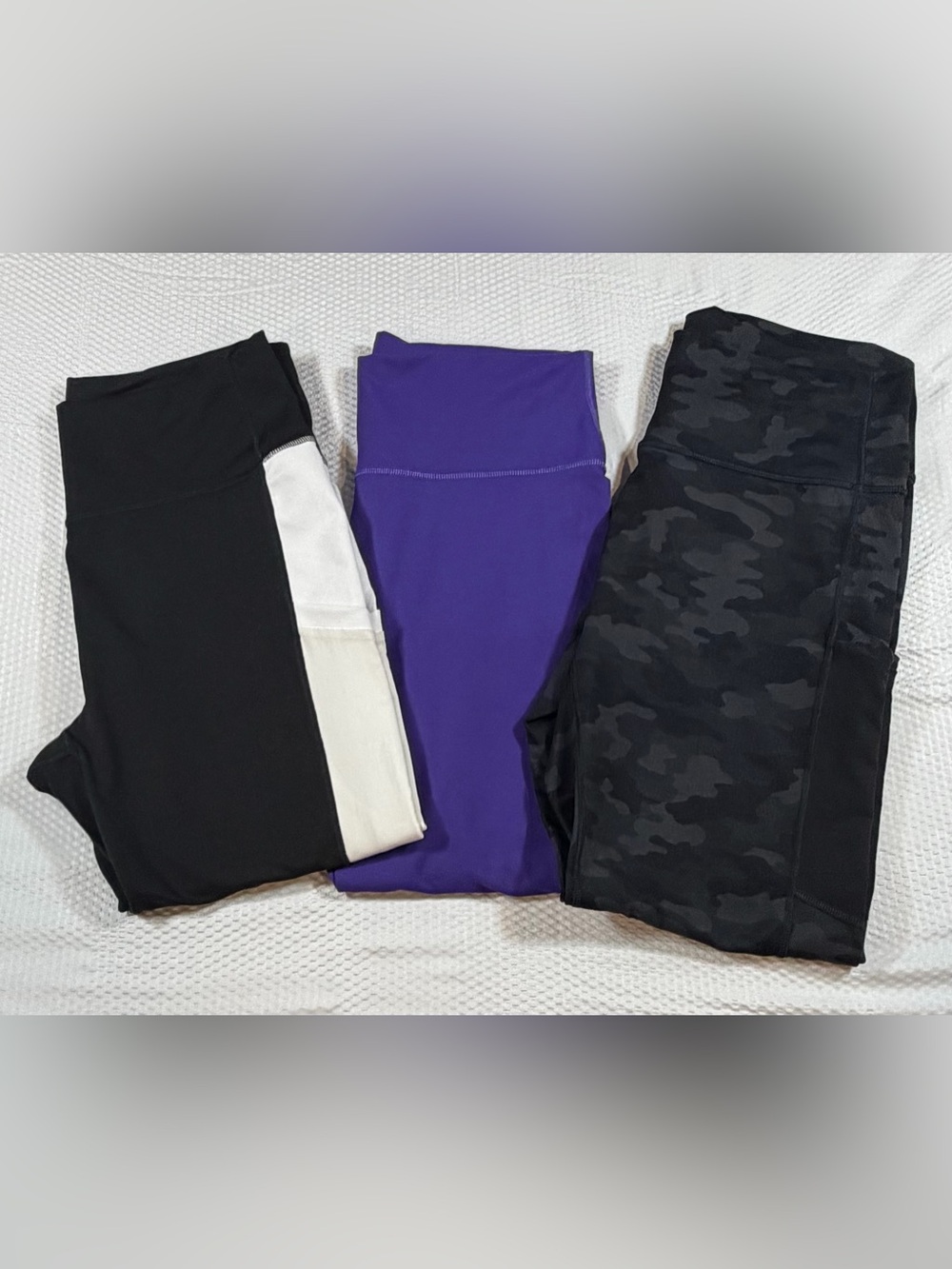 Fabletics PowerHold Leggings Women’s XL Lot of 3 Camo Purple Black White Pockets